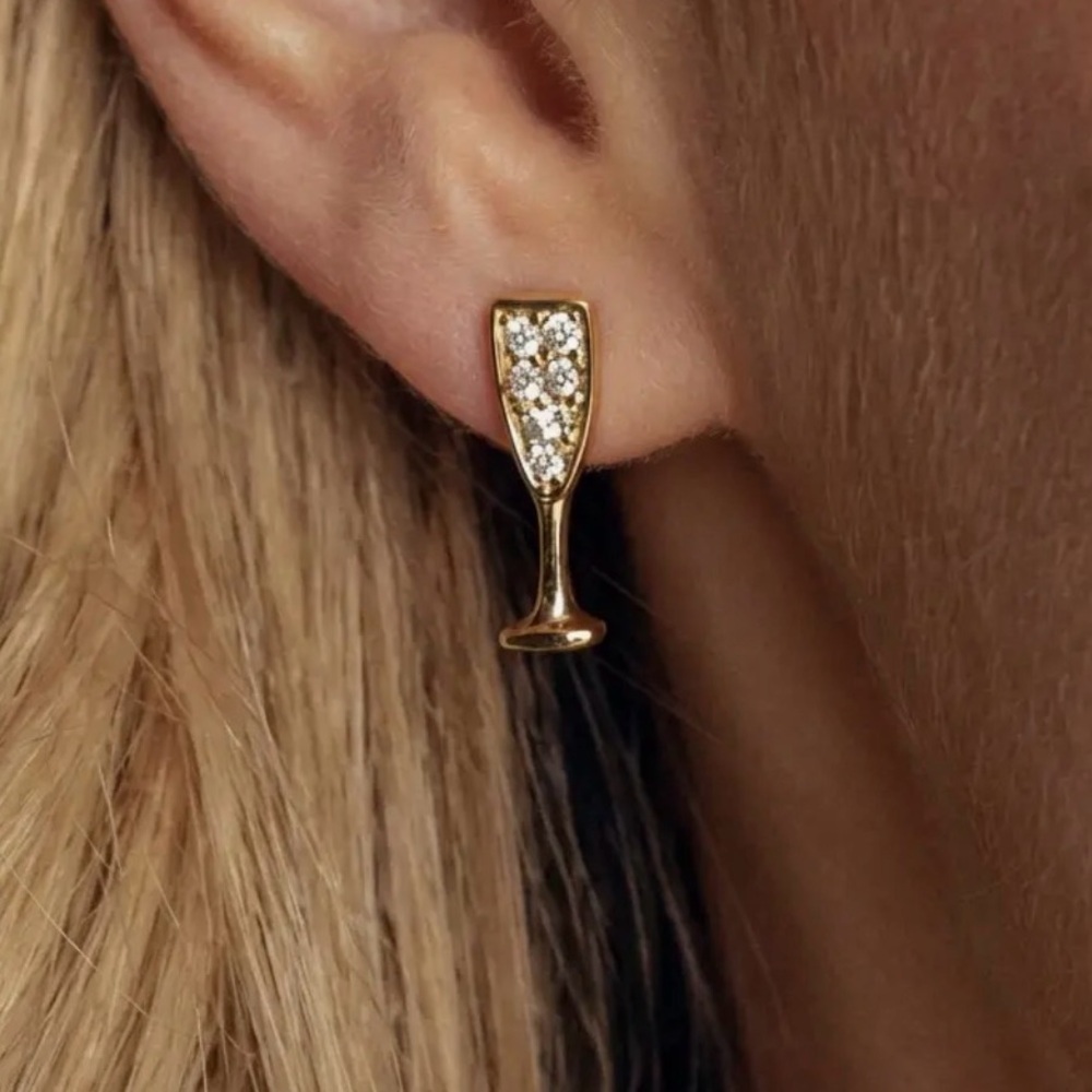 Gold Champagne Glass CZ Pave Stud Earrings (9703)